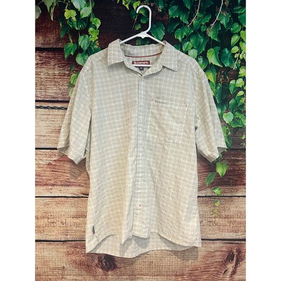 Simms Fishing Shirt Short Sleeve Light Green Cream Plaid Button Up Men's XL - Picture 1 of 5